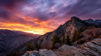 Mountain view above clouds flowers and blooming bushes at sunset sunbeams. Calm close-up beautiful landscape, screensaver background, Beautiful panorama. Summer vacation, holiday, amazing nature.