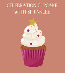 Christmas cupcake with cream on beige background. Flat design of festive muffin with buttercream frosting isolated. Winter illustration for greeting cards, banners, social media