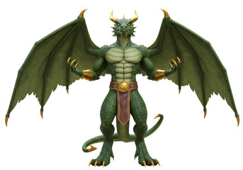 Fototapeta premium Isolated Fierce Green Dragon with Golden Horns and Wings Against Transparent Backdrop
