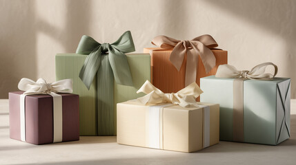 Obraz premium Colorful gift boxes wrapped with satin ribbons in cream, green, pink, yellow, copper, and blue. Perfect for celebrations, gifts, parties, and family moments.