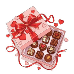 Romantic vector art of a decorated present with hearts and sweets inside.