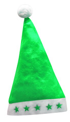 Green Santa Claus hat with white trim and star decoration isolated on white background with clipping path. Classic Christmas accessory symbolizing holiday cheer and festive spirit PNG file.