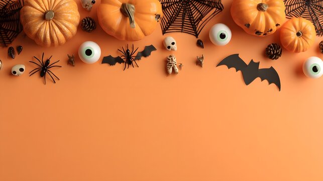Halloween pumpkin bats and spider webs on orange wall background with flat lay top view composition featuring copy space for banner mockup design in high resolution super detailed festive holiday