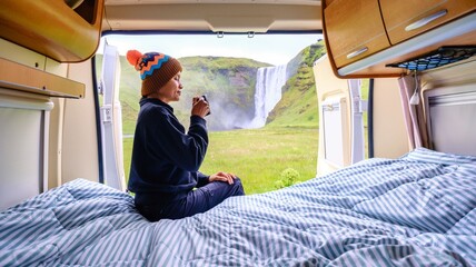 Asian woman drinking coffee in a campervan by the waterfall, Skogafoss waterfall, Iceland. 