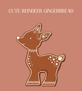 Christmas gingerbread deer on beige background. Flat illustration of holiday reindeer cookie with frosting decorations. Winter illustration for social media, banners, cards