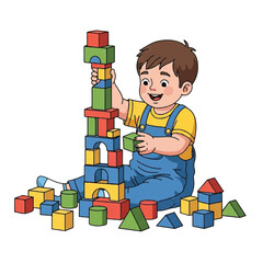Cheerful vector artwork featuring a cute boy surrounded by colorful toy blocks.