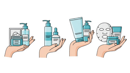 Collection of illustrated hands holding various skincare and cosmetic products for a beauty routine