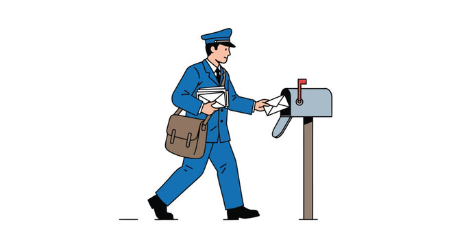 A postal worker in uniform delivers mail to a mailbox.