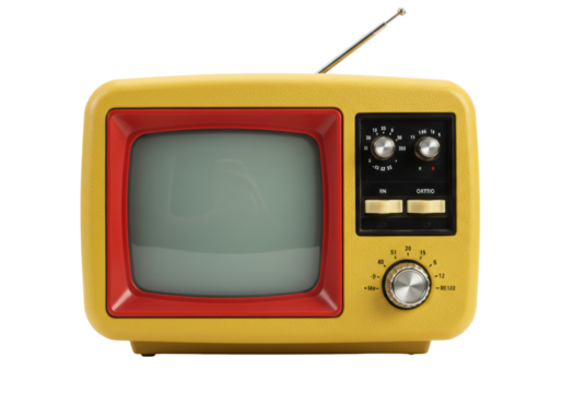Isolated Yellow TV set is reminiscent of the fifties, sixties, and seventies era vintage