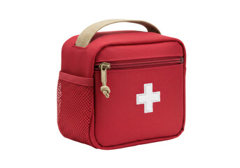 Isolated red first aid kit with a white cross, medical emergency and treatment bag