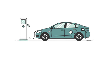 An electric car is charging at a charging station in a clean environment.
