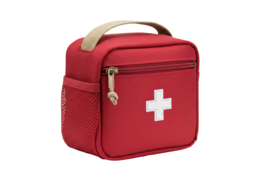 Isolated red first aid kit with a white cross, medical emergency and treatment bag