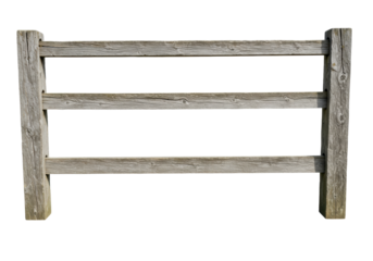 Isolated three-rail wooden fence, rustic countryside boundary for farm, ranch or home site