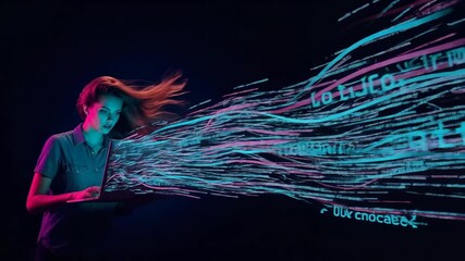 Woman holding laptop with flowing data streams in blue and pink hues. Animated sequence showing digital information emerging from device. Cyber technology visualization and futuristic computing - Powered by Adobe