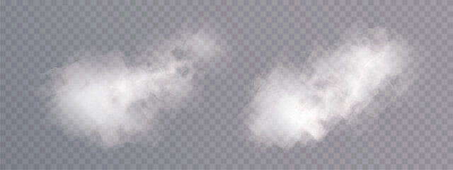 Realistic white smoke puffs with soft edges on a transparent background. Isolated vapor clouds for overlays, steam effects, breath, exhaust and atmospheric compositing. © Valeriia