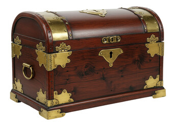 Isolated treasure chest of dark-stained wood with ornamental brass hardware, old-fashioned style