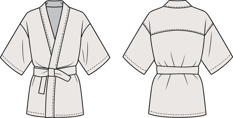 Kimono bathrobe fashion flat sketch front and back view, short sleeve garment design template with belt, vector apparel illustration drawing © MdLimon