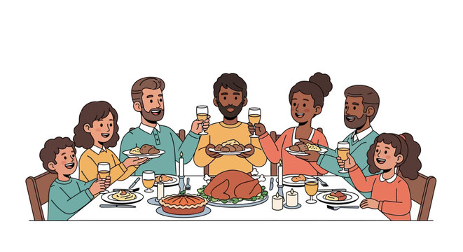 A diverse multi-generational family celebrating a holiday with a festive dinner, toasting together around a table with a roasted turkey