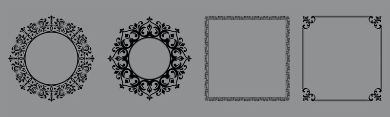 Set of decorative frames Elegant vector element for design in Eastern style, place for text. Floral black and gray borders. Lace illustration for invitations and greeting cards