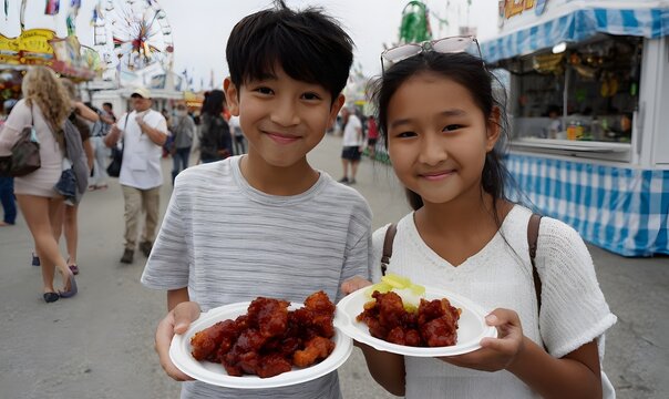  kids eating the Sweet Sour Pork at the fair