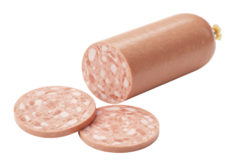 Isolated Bockwurst sausage, cooked pork meat food, sliced sausage close-up, German recipe