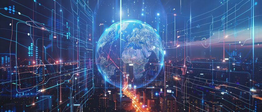 Futuristic cityscape at night with glowing holographic globe and digital data network overlay, symbolizing global communication, smart city, and high tech connection.