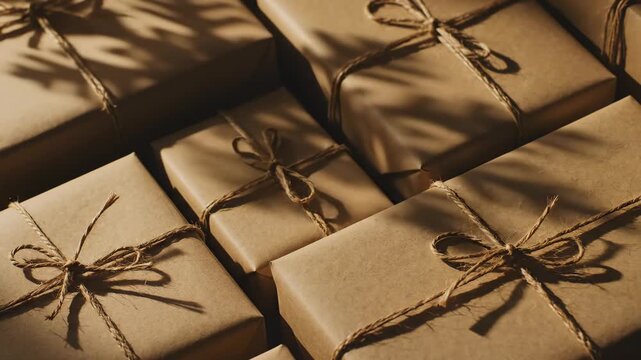 A minimalist static top-down video of Christmas gift boxes wrapped in brown kraft paper and tied with twine, with soft leaf shadows overlay.