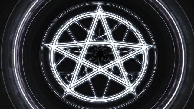 Aerial view of a glowing pentagram design with a futuristic, digital aesthetic. The video captures intricate details in a circular, symmetrical pattern. Live desktop wallpaper.