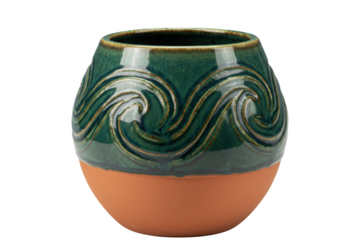 Isolated decorative ceramic flowerpot with swirling green pattern, studio shot, no background