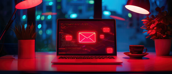 Laptop displaying red digital warning icons representing phishing, spam email, cybersecurity risk, data protection and online security concept.