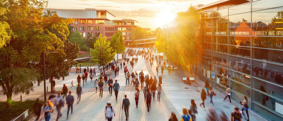 A large group of students walking across a modern university campus during sunset. Warm sunlight, urban architecture, and dynamic motion create an academic and vibrant atmosphere.