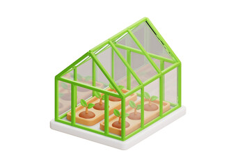 A 3d rendering of a greenhouse isolated on transparent background