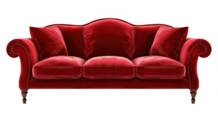 A red velvet sofa with pillows on transparent background