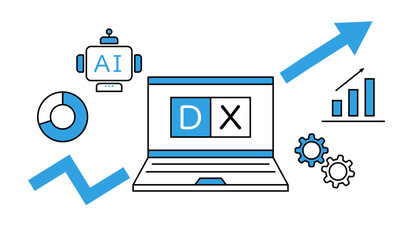 DXの文字が書かれたノートパソコンとAIやグラフなどのアイコン