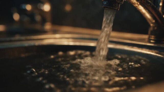 Close-up view of a kitchen faucet pouring water into a sink, creating ripples in the water, with soft lighting highlighting the metallic surface and kitchen ambiance in the background