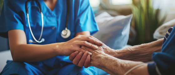 Close-up of a nurse holding an elderly patient’s hands, symbolizing empathy, care, compassion, and medical support in healthcare and senior assistance.