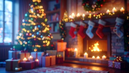 Cozy Christmas Eve: Fireplace, Tree, and Gifts in Soft Focus