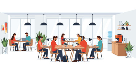 Diverse team collaborating in a modern, bright open-plan office with natural light.