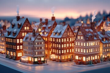 Charming miniature snow-covered village at twilight