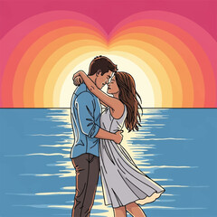 Colorful romantic design of a couple holding each other by the sea at sunset.