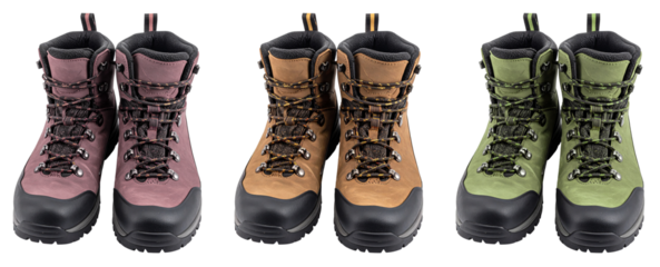 group of pair of hiking boots in three color variations isolated on white background