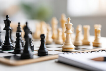 Chess game close-up with black and white pieces