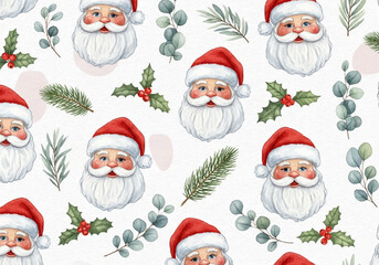 Festive Watercolor Santa Claus Pattern, Christmas Holidays Seamless Design