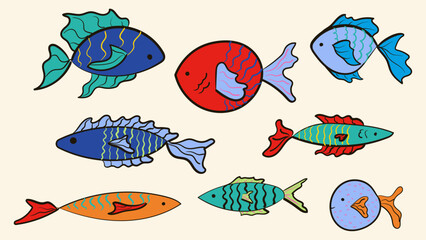 Naklejka premium Doodle drawing of sea animals. Colorful ink sketch style minimalist fishes. Hand drawn retro style vector illustration.