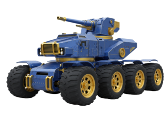 Isolated science fiction tank, blue and gold futuristic armored vehicle, detailed render