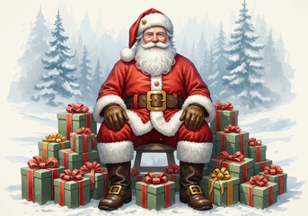 A charming watercolor illustration of Santa Claus sitting amidst a pile of festive Christmas gifts