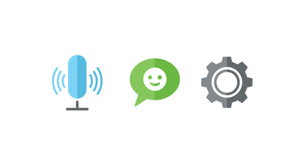 Icons representing voice recording, chat message, and settings on a clean white background
