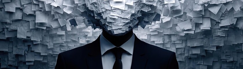 Man in a business suit with a blown head concept. A faceless figure surrounded by paper, symbolizing lost identity.