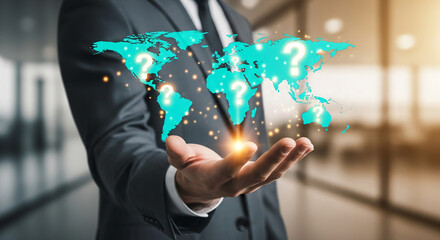 Hand holding a turquoise world map with question marks, suggesting global questions, exploration, or investment opportunities, uncertainty, future