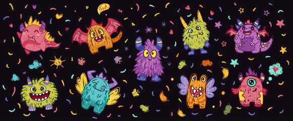 Cute crayon monster set, doodle spooky kids creature, colorful hand drawn pencil vector illustration. Monster drawing for kids or children notes or cover design